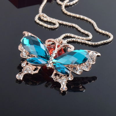 高档毛衣链 电镀蓝色宝石蝴蝶，引领女士饰品批发新风尚